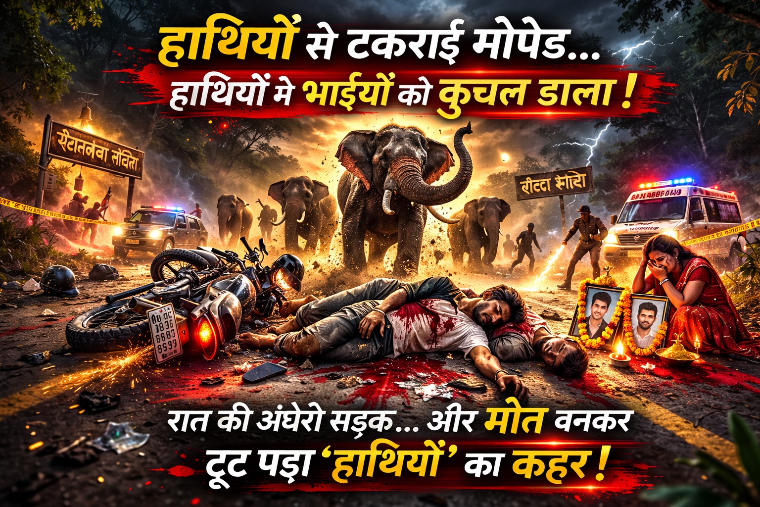 हाथियों से टकराई मोपेट, हाथियों ने भाइयों को कुचल डाला